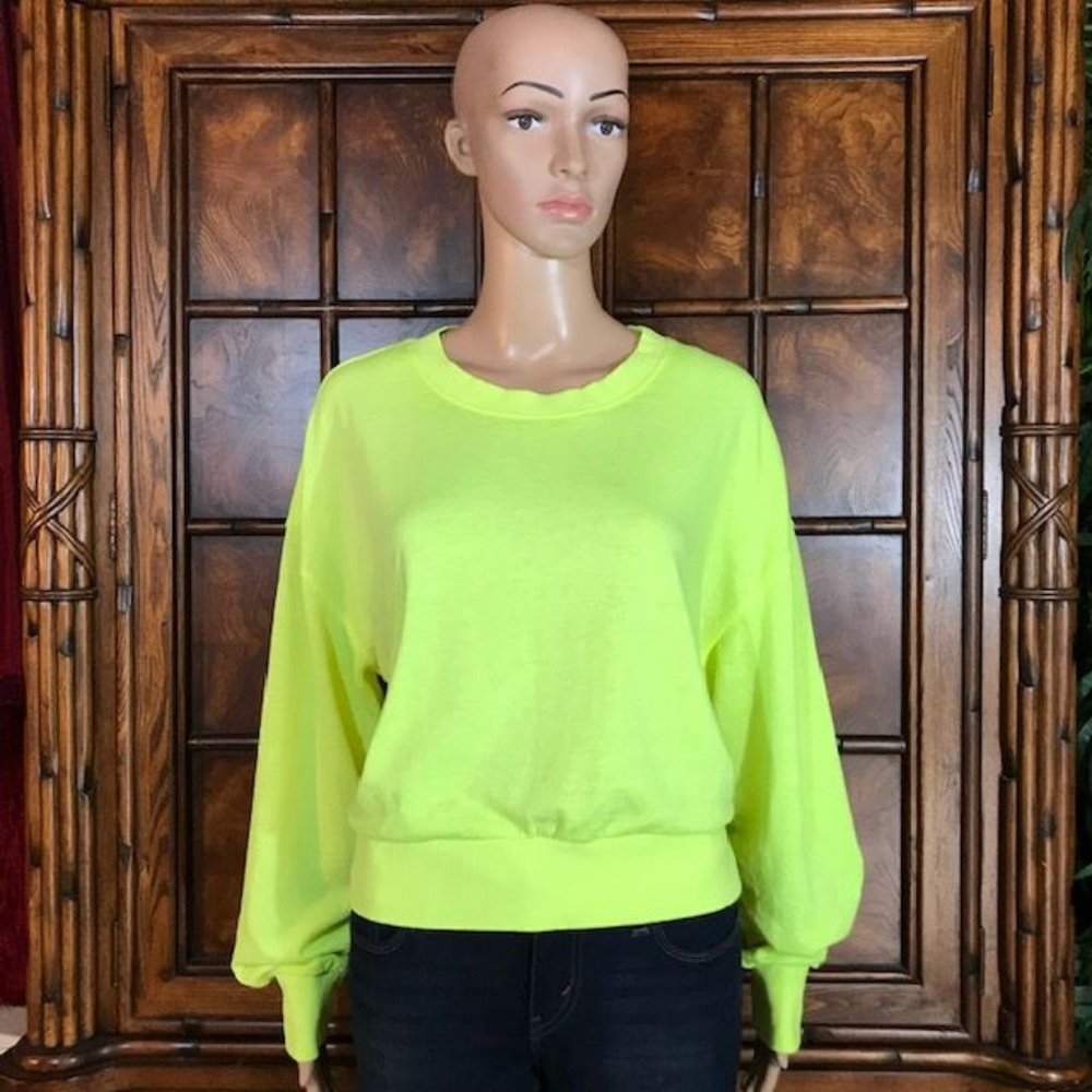 Neon Lemon Cotton Blend Slub Terry Baby Balloon Sleeve Top